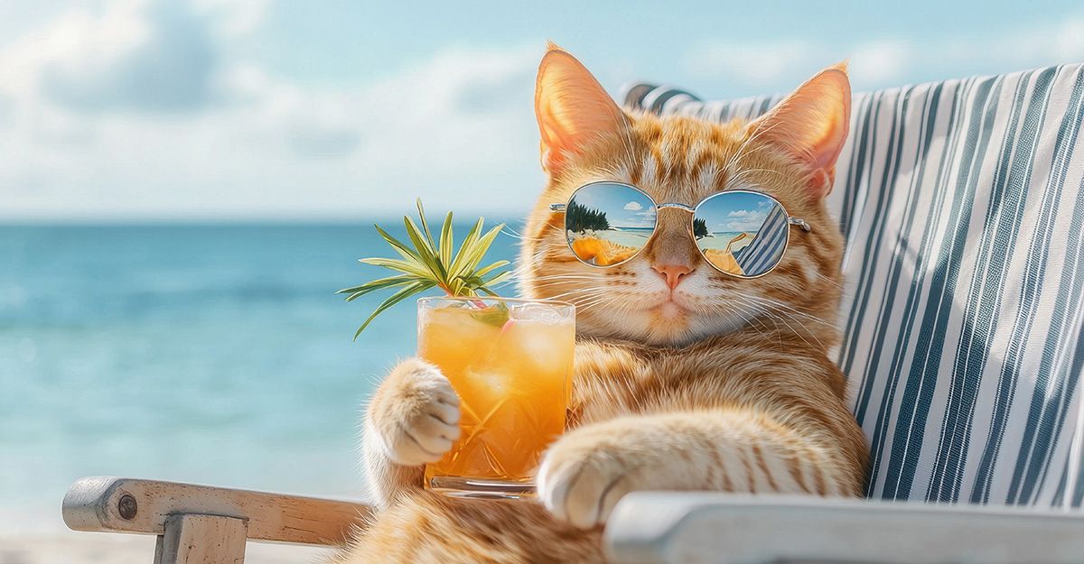 Kat op strandstoel met een lekkere cocktail | © KittenTeKoop