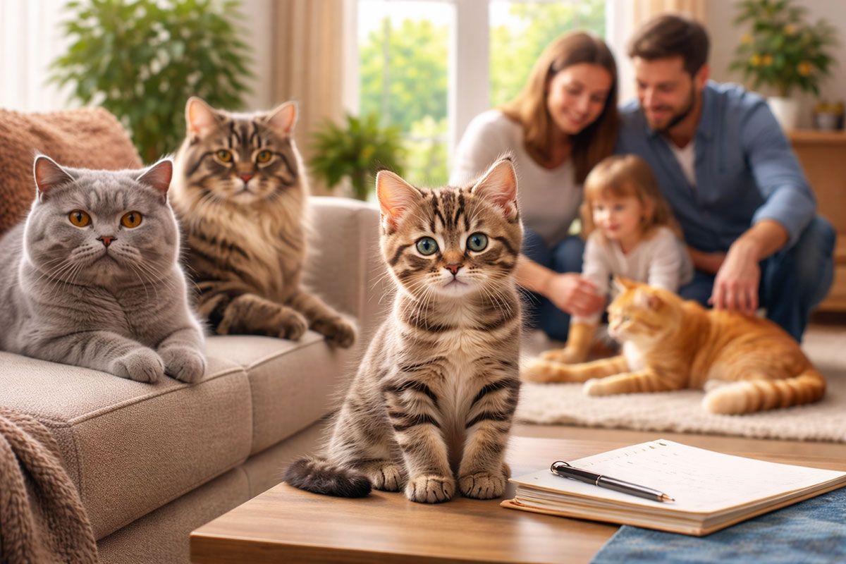 Gezellige woonkamer met katten en familie
