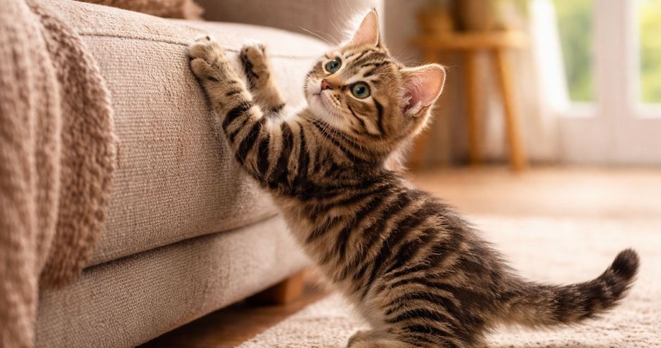Een kitten krabt aan de bank